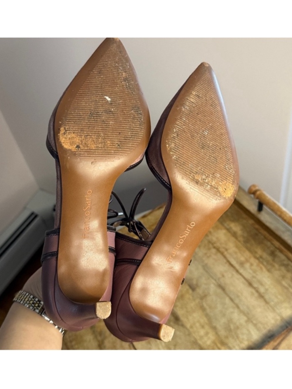 Franco Sarto Mauve Suede Pointed Toe Heels Size 10 Ankle Tie 3” Pump Lace Up - Picture 6 of 6
